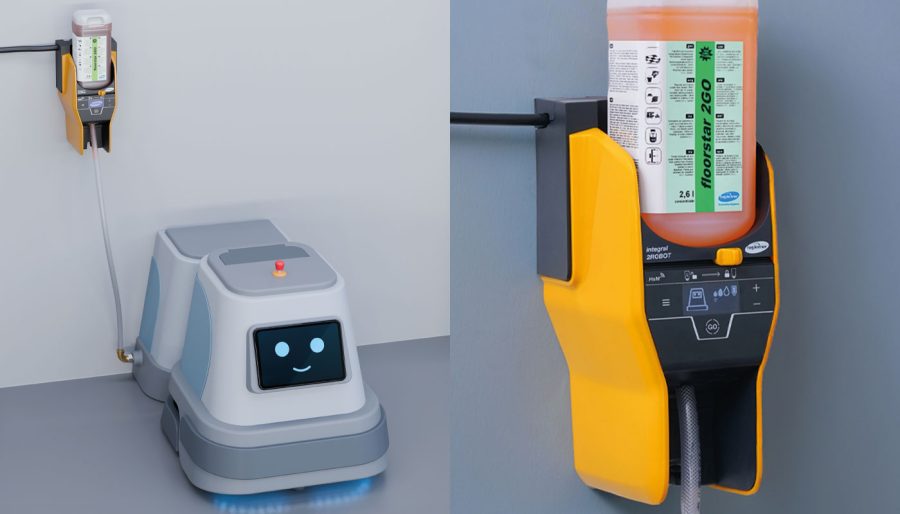 Links: Der Reinigungsroboter holt sich automatisch Reinigungsmittel 
(Rendering) © Hagleitner, Rechts: integral 2ROBOT ist das erste automatische Konzentrat-Dosiergerät für Reinigungsroboter, der Hygienehersteller Hagleitner hat die Weltneuheit am 27. Mai 2025 vorgestellt © Hagleitner/Scheuringer