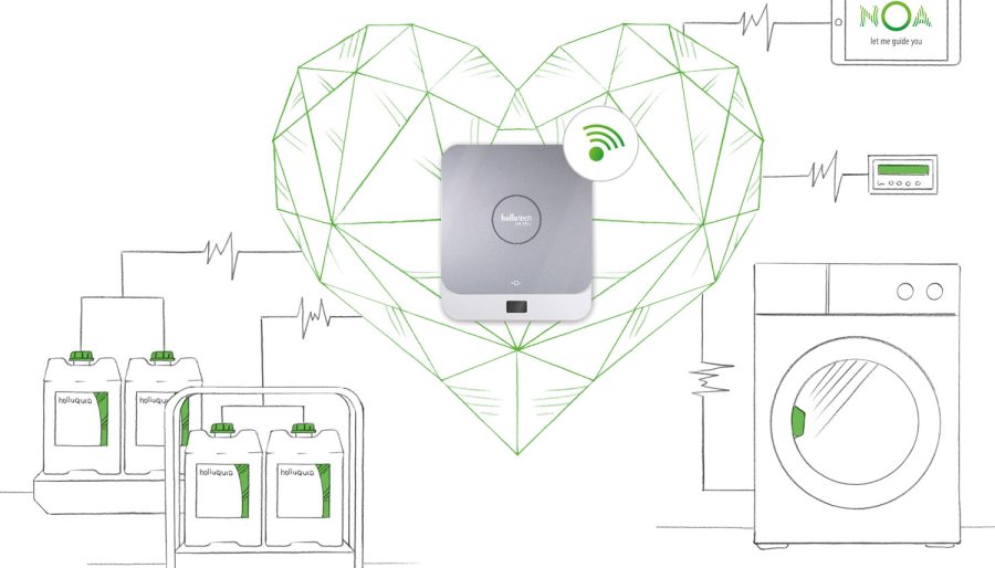 Das vollautomatische Textilhygienesystem holluQUID kann verschiedene Komponenten dosieren – bis zu 7 Waschmaschinen können gleichzeitig angesteuert werden. Dank IoT-Anbindung an die Software NOA haben Sie stets Zugriff auf die Waschdaten. www.noa.online